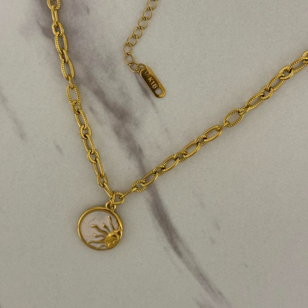 Sku 0437 vintage gold chain necklace With moon stone pendant sun stainless steel - Picture 6 of 7